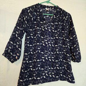 DownEast Casual Women's Flat Collar Umbrella Print Sheer Blouse Size XS